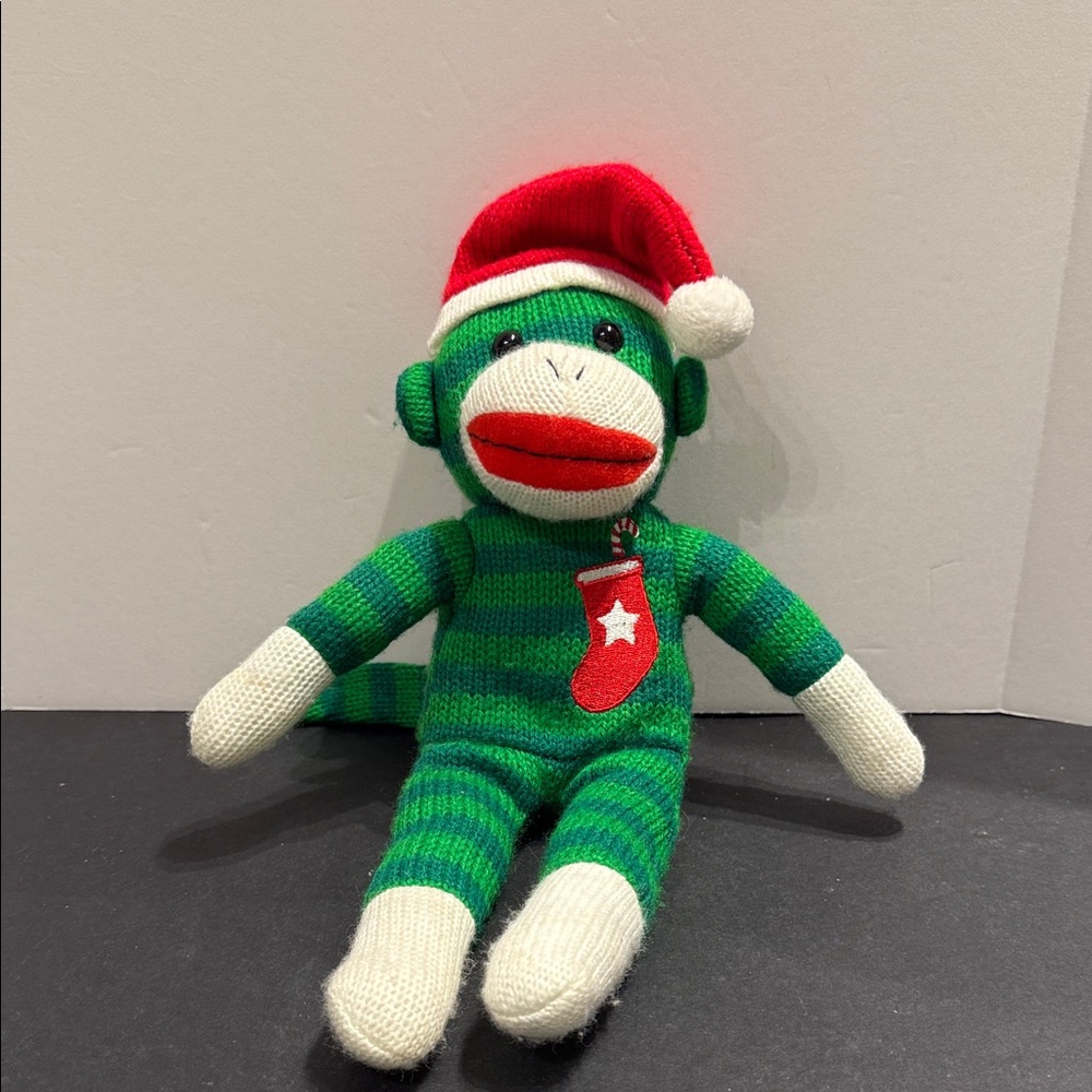 Christmas Green Sock Monkey plush toy with Santa Hat and stocking design 🔴3/$15